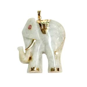 14K Jade Elephant Pendant - Lucky Celadon Jadeite Ruby Eye